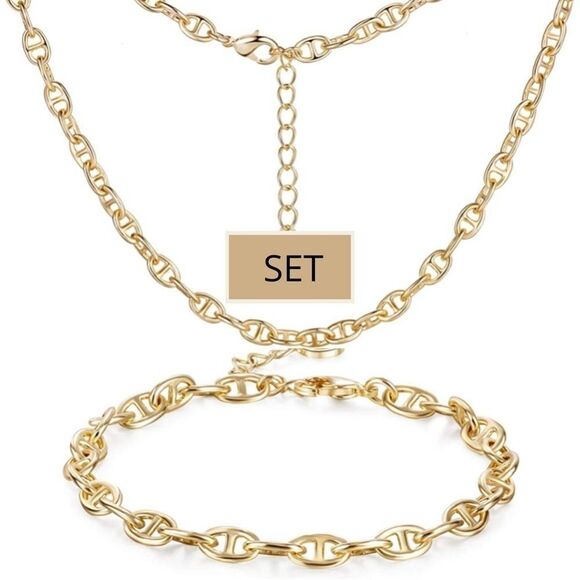 Gold Anchor Chain Set Necklace and Bracelet - Picture 1 of 7